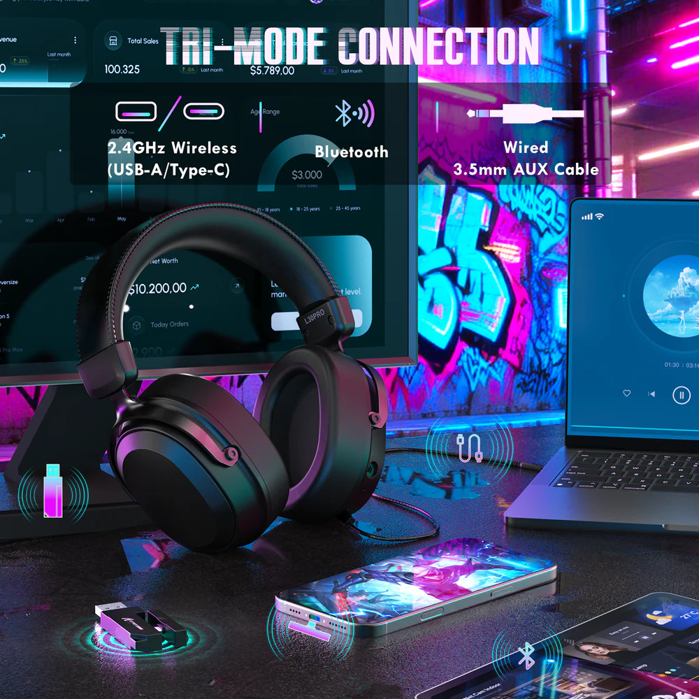 Attack Shark L30Pro Wireless Gaming Headset with 2.4Ghz/BT/Wired, Long Battery Life with Detachable Microphone 7.1 Surround Sound Ultra-Low Latency for PC/PS5/Xbox/Switch/Mobile (Black) - Image 3