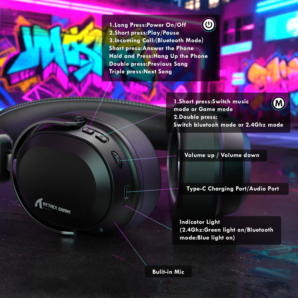 Attack Shark L30Pro Wireless Gaming Headset with 2.4Ghz/BT/Wired, Long Battery Life with Detachable Microphone 7.1 Surround Sound Ultra-Low Latency for PC/PS5/Xbox/Switch/Mobile (Black) - Image 2