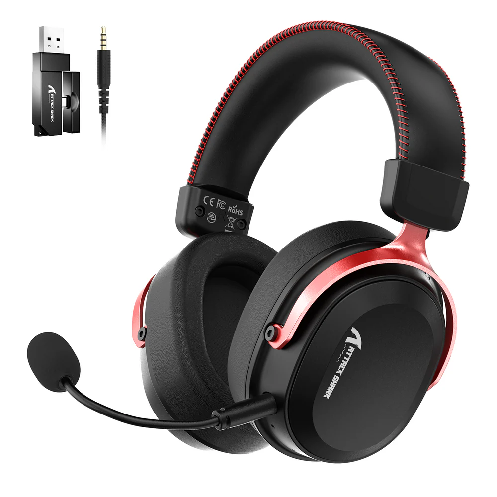 Attack Shark L30Pro Wireless Gaming Headset with 2.4Ghz/BT/Wired, Long Battery Life with Detachable Microphone 7.1 Surround Sound Ultra-Low Latency for PC/PS5/Xbox/Switch/Mobile (Black/Red)