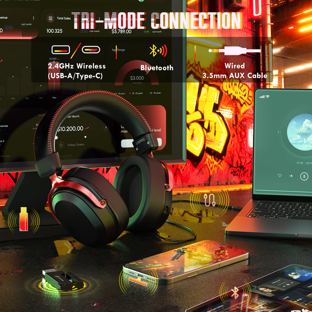 Attack Shark L30Pro Wireless Gaming Headset with 2.4Ghz/BT/Wired, Long Battery Life with Detachable Microphone 7.1 Surround Sound Ultra-Low Latency for PC/PS5/Xbox/Switch/Mobile (Black/Red) - Image 2