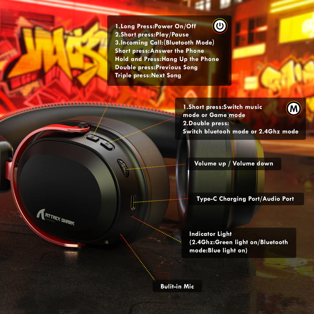 Attack Shark L30Pro Wireless Gaming Headset with 2.4Ghz/BT/Wired, Long Battery Life with Detachable Microphone 7.1 Surround Sound Ultra-Low Latency for PC/PS5/Xbox/Switch/Mobile (Black/Red) - Image 3
